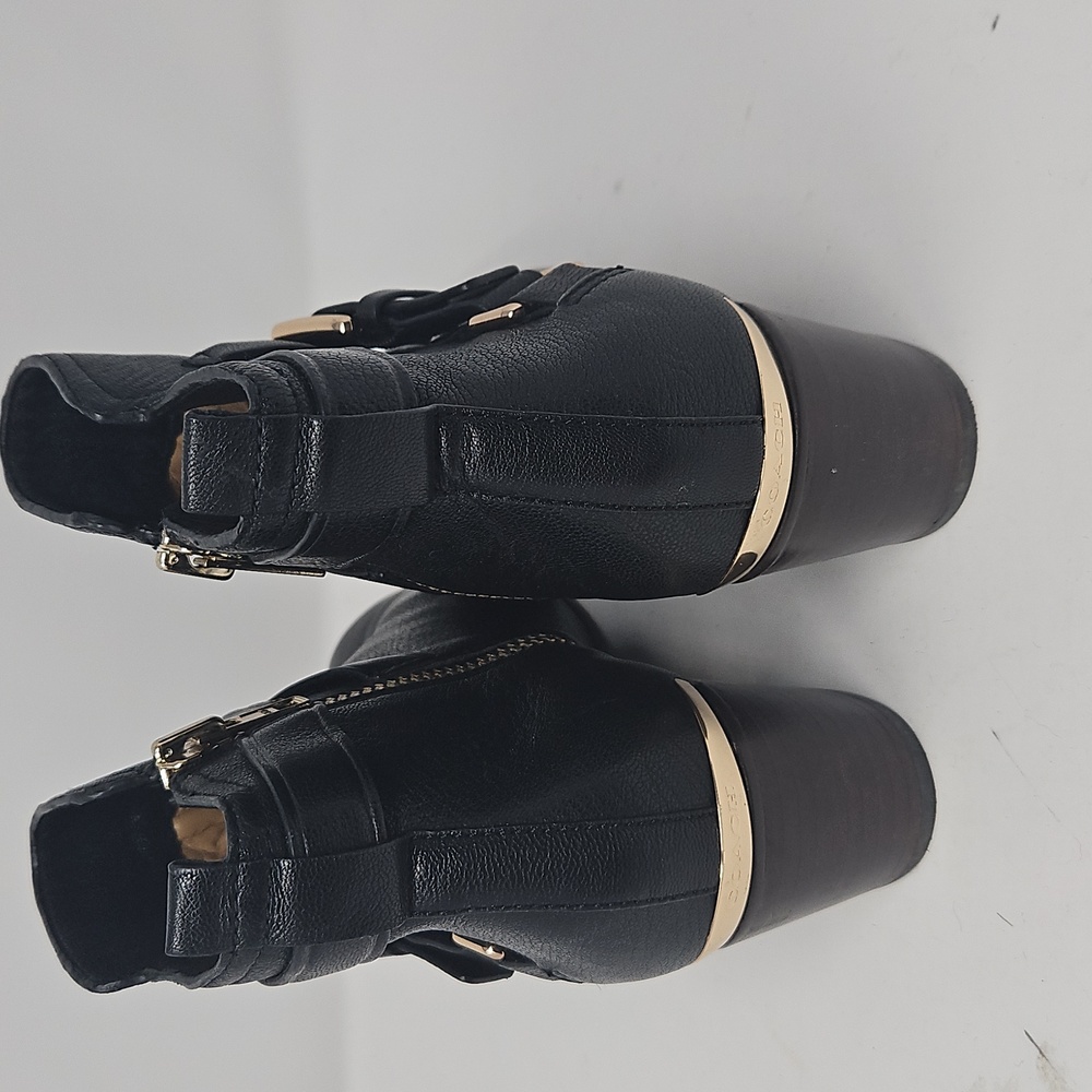 COACH Black Leather Pauline Ankle Boots Sz6.5 Zip Side Buckle Strap Gold 2" Heel - Picture 4 of 5